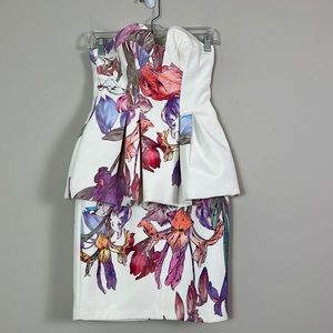 KEEPSAKE Strapless White Floral Peplum Dress - Multicolor Bouquet Print